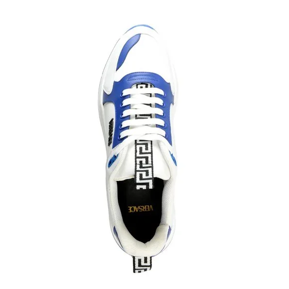 Versace Men's White & Blue Canvas Leather Logo Sneakers Shoes